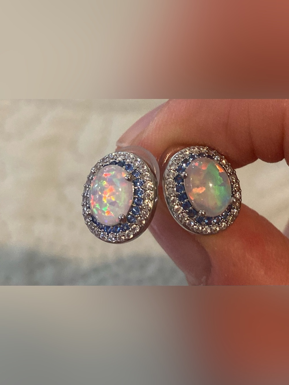 Opal and Blue Sapphire Halo Stud Earrings - White Gold Tone